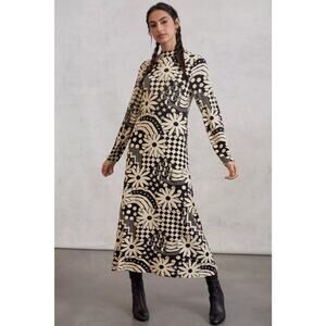 Farm Rio Dress Womens Large Aurelie Floral Hippie Maxi Knit Stretch Tan Black